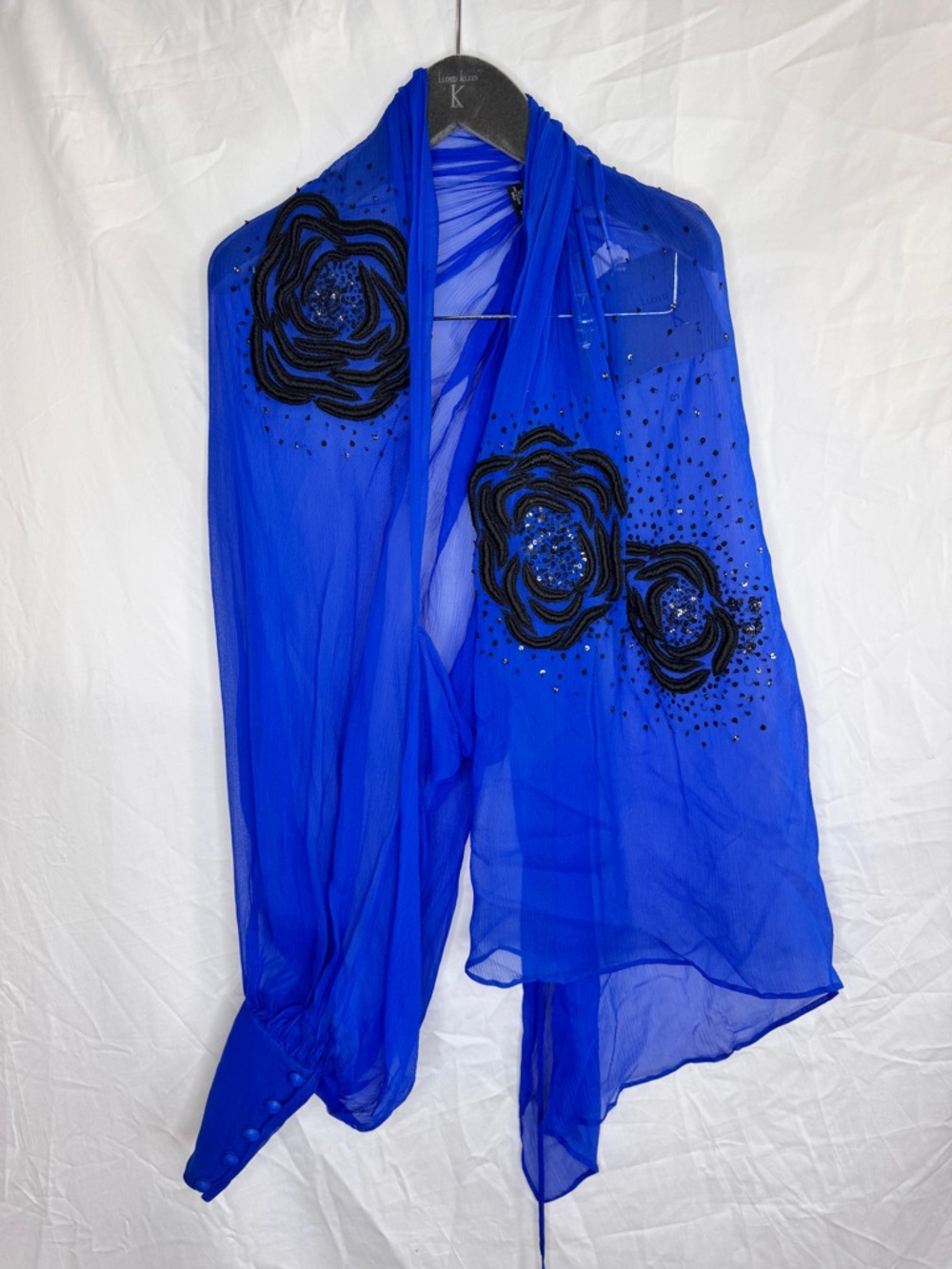 Lloyd Klein NWT Runway Embellished Royal Blue One Sleeve Top Black Florals